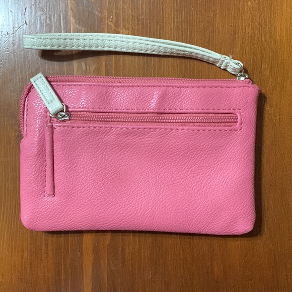 Small pink zipper wallet with white stripe. - Picture 2 of 3